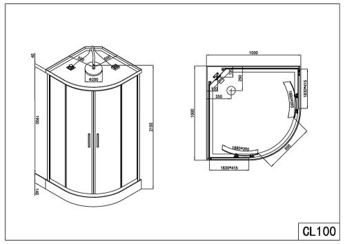 Rysunek techniczny i wymiary kabina prysznicowa z hydromasażem półokrągła 100 x 100 x 215 cm COMFORT CL100 Sanotechnik