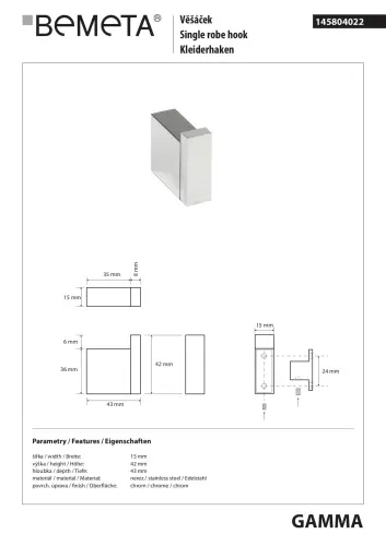 GAMMA Wieszaczek 145804022 Bemeta wymiary