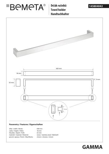 GAMMA Wieszak na ręcznik 600 mm 145804042 Bemeta wymiary