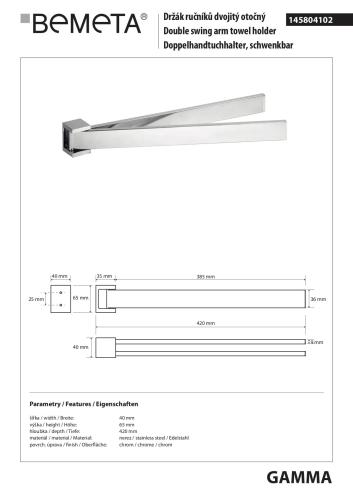 GAMMA Wieszak na ręcznik podwójny, obrotowy 420 mm 145804102 Bemeta wymiary