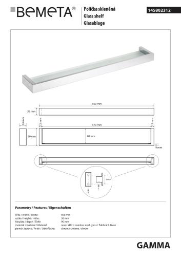 GAMMA Półka szklana 600 mm 145802312 Bemeta wymiary