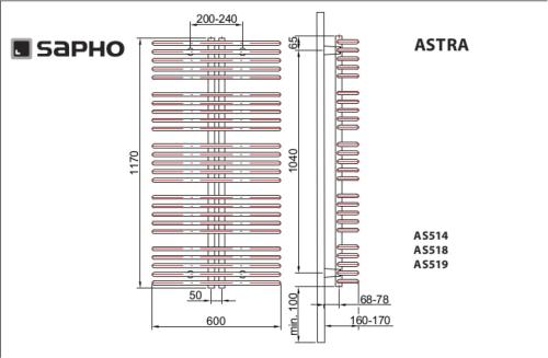 Grzejnik łazienkowy 600 x 1170 mm srebrny 800 W ASTRA AS518 Sapho rysunek