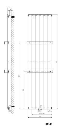 Grzejnik łazienkowy 450 x 1800 mm biały 910 W COLONNA IR141 Sapho rysunek