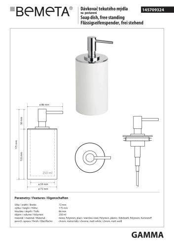 GAMMA Dozownik do mydła stojący biały 200 ml 145709324 Bemeta wymiary