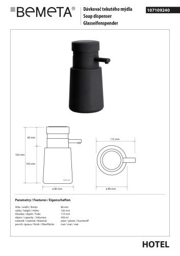 Dozownik do mydła 450ml 107109240 Bemeta wymiary