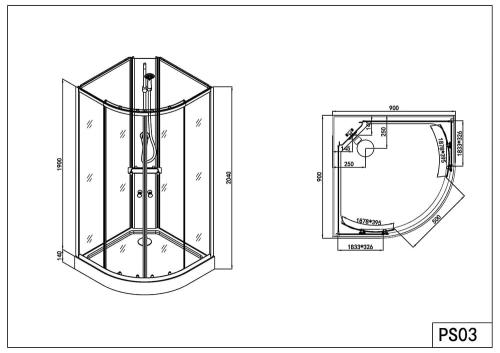 Rysunek teczniczny i wymiary kabina prysznicowa wolnostojąca narożna półokrągła czarna 90 x 90 x 204 cm RIO PS03B Sanotechnik