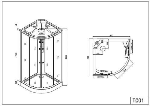 Rysunek techniczny i wymiary kabina prysznicowa z hydromasażem narożna półokrągła kompletna 90 x 90 x 215 cm RELAX TC01 Sanotechnik