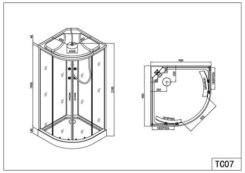 Rysunek techniczny i wymiary kabina prysznicowa z hydromasażem narożna półokrągła kompletna 90 x 90 x 215 cm RELAX czarna TC07 Sanotechnik