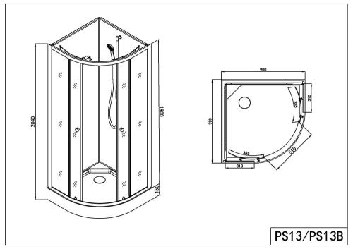 Rysunek teczniczny i wymiary kabina prysznicowa wolnostojąca półokrągła czarna 90 x 90 x 203 cm BELA 2 PS13B Sanotechnik