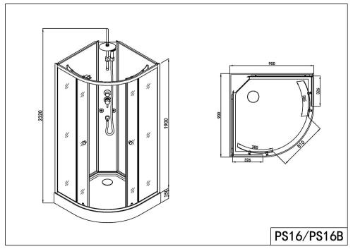Rysunek teczniczny i wymiary kabina prysznicowa wolnostojąca narożna półokrągła czarna 90 x 90 x 225 cm PS16B Sanotechnik