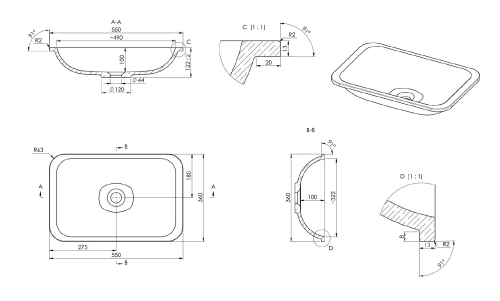 Umywalka kompozytowa wpuszczana w blat 55 x 36 cm biały JAPURA 50135 Sapho rysunek