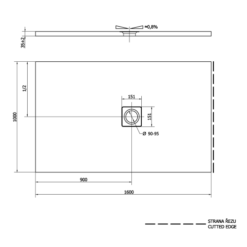 Brodzik prysznicowy prostokątny kompozytowy 160 x 100 cm FLEXIA 72920 Polysan Rysunek techniczny