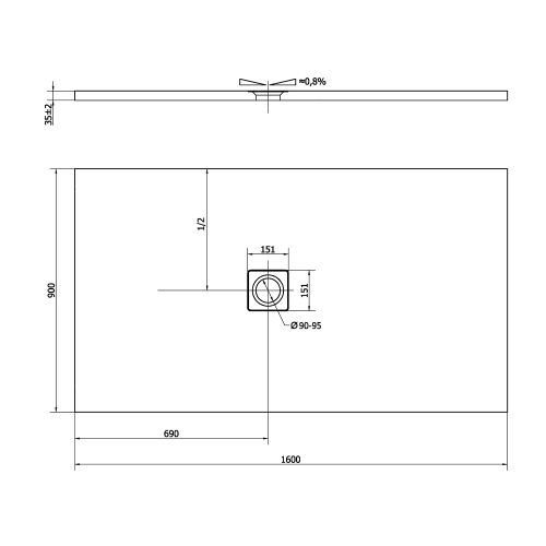 Brodzik prysznicowy prostokątny kompozytowy 160 x 90 cm FLEXIA 71539 Polysan Rysunek techniczny