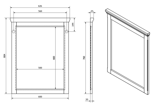 Rysunek techniczny i wymiary lustro łazienkowe 60 x 80 x 3,5 cm biały postarzany Cross CR211 Sapho
