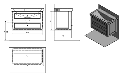 Szafka umywalkowa 83 x 52 x 46 cm biały półpołysk Violeta VI090-3131 Sapho rysunek techniczny