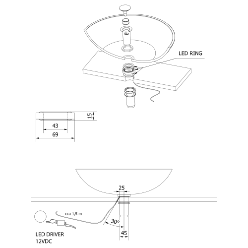 Oświetlenie pod szklane umywalki Ledring WP94051LED Sapho rysunek