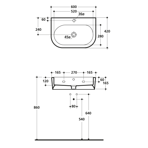 Umywalka nablatowa ceramiczna 60 x 42 cm biały FLO 314201 Kerasan rysunek
