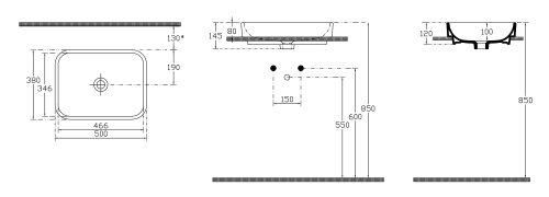 Umywalka nablatowa ceramiczna SOTT 50 x 38 cm biały Sott 10SQ51050 ISVEA rysunek