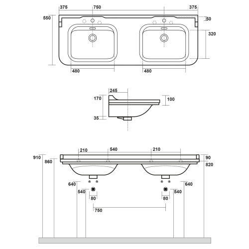 Umywalka ceramiczna podwójna 150 x 55 cm biały WALDORF 4143K1 Kerasan rysunek