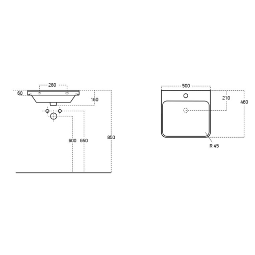 Umywalka ceramiczna meblowa 50 x 46 cm biały THALIE TH11050 Sapho rysunek