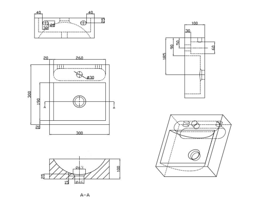 Umywalka kamienna mała 30 x 10 x 30 cm antracyt BLOK 2401-29 Sapho rysunek