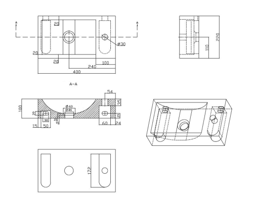 Umywalka kamienna mała 40 x 10 x 22 cm antracyt prawa BLOK 2401-28 Sapho rysunek