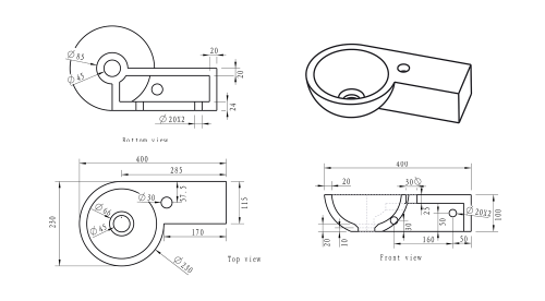 Umywalka kamienna mała 40 x 10 x 23 cm antracyt BLOK 2401-32 Sapho rysunek