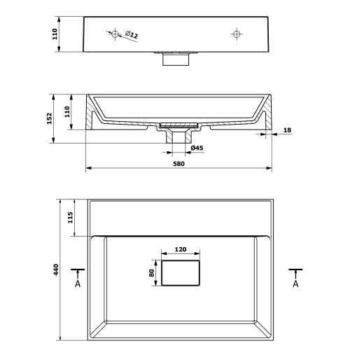 Umywalka kompozytowa nablatowa 58 x 44 cm biały GODIVA GU058-0 Sapho rysunek