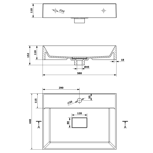 Umywalka kompozytowa nablatowa 58 x 44 cm biały z otworem GODIVA GU058 Sapho rysunek