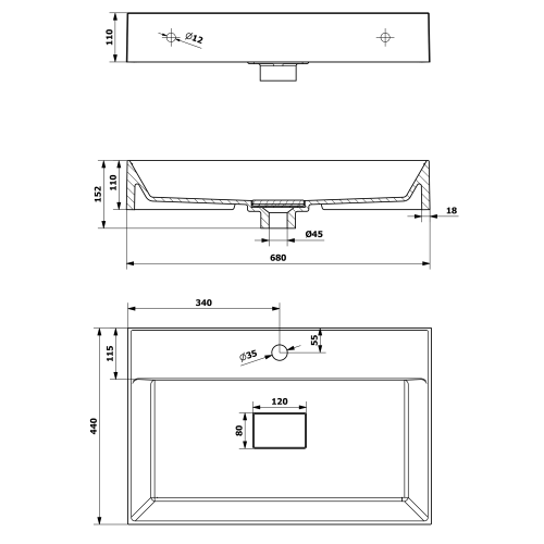 Umywalka kompozytowa nablatowa 68 x 44 cm biały z otworem GODIVA GU068 Sapho rysunek