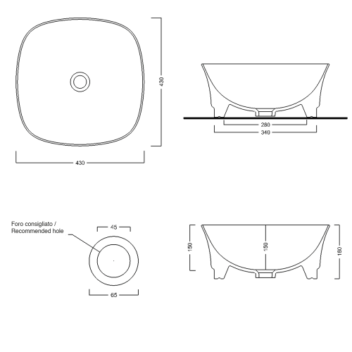 Umywalka ceramiczna nablatowa 42 x 18 x 42 cm biały IDEA WH100 Sapho rysunek