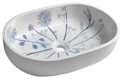 Umywalka ceramiczna nablatowa 60 x 13,5 x 40 cm biały z niebieskim wzorem PRIORI PI029 Sapho