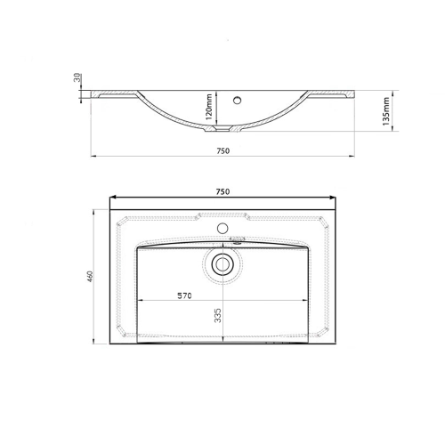 Umywalka kompozytowa meblowa 75 x 46 cm biały MARIA MA075 Sapho rysunek
