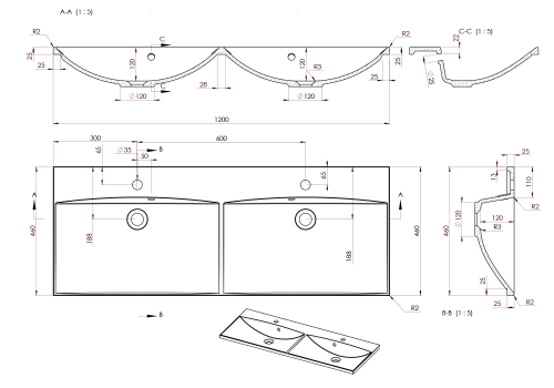 Umywalka kompozytowa podwójna 120 x 46 cm biały MARIA MA120 Sapho rysunek