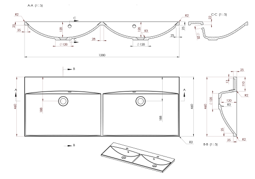 Umywalka kompozytowa podwójna 120 x 46 cm biały bez otworu MARIA MA120-0 Sapho