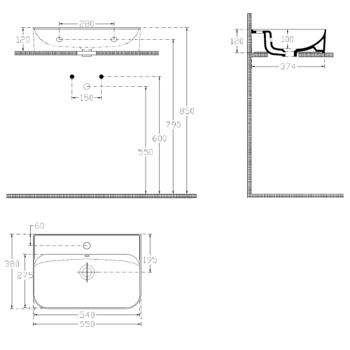 Umywalka ceramiczna nablatowa 55 x 38 cm biały SISTEMA U 10PL53055 ISVEA rysunek