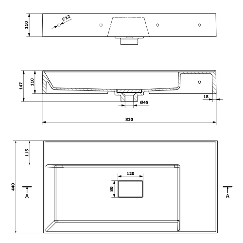 Umywalka kompozytowa meblowa 83 x 44 cm biały GODIVA GU083L-0 Sapho rysunek
