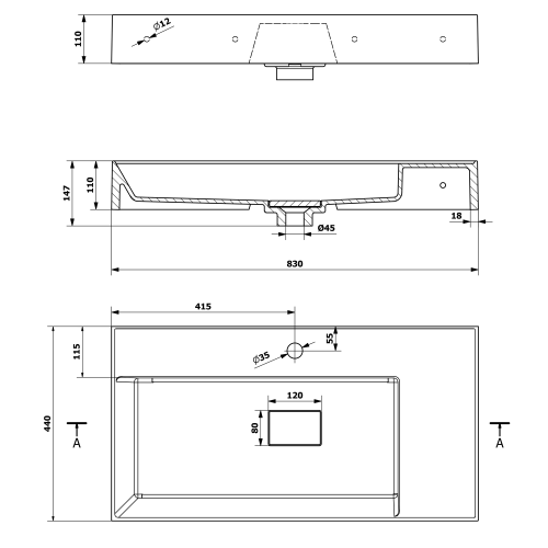 Umywalka kompozytowa meblowa 83 x 44 cm biały z otworem GODIVA GU083L Sapho rysunek