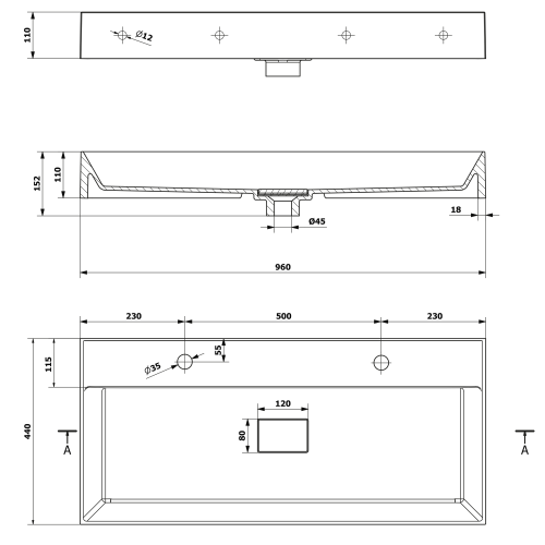 Umywalka kompozytowa podwójna 96 x 44 cm biały 2 otwory GODIVA GU096-2 Sapho rysunek
