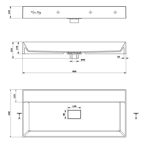 Umywalka kompozytowa 96 x 44 cm biały GODIVA GU096-0 Sapho rysunek