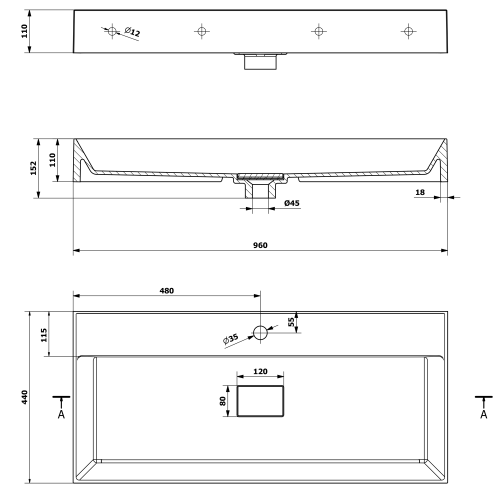Umywalka kompozytowa 96 x 44 cm biały z otworem GODIVA GU096 Sapho rysunek