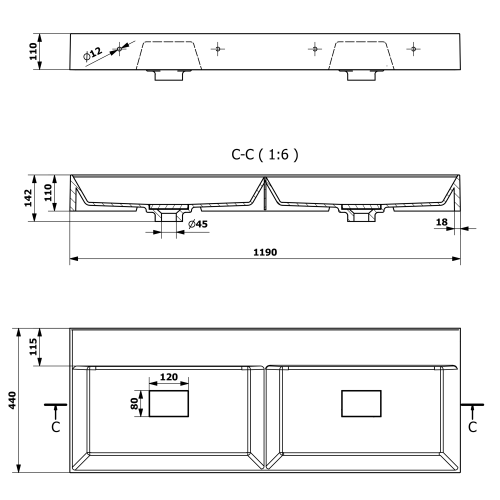 Umywalka kompozytowa podwójna 119 x 44 cm biały bez otworu GODIVA GU119-0 Sapho rysunek