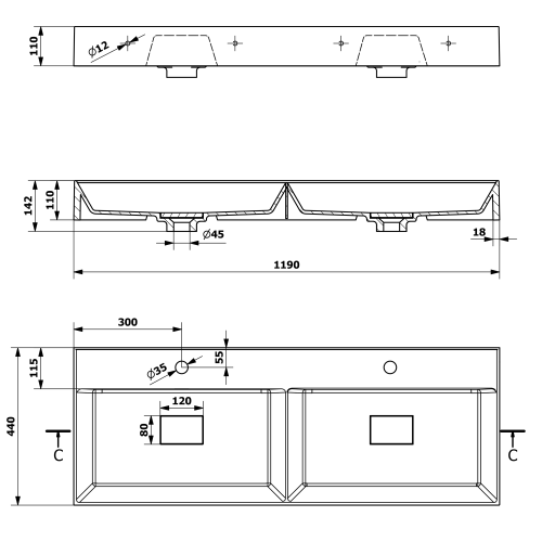 Umywalka kompozytowa podwójna 119 x 44 cm biały GODIVA GU119 Sapho rysunek