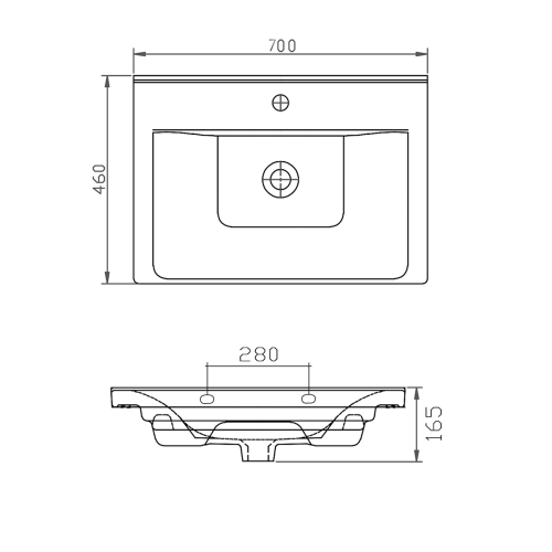 Umywalka ceramiczna meblowa 70 x 16,5 x 46 cm biały SAVA 70 2070 Aqualine rysunek
