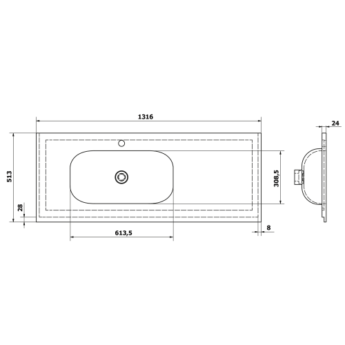 Umywalka meblowa 131,6 x 51,3 cm biały TREOS TS132-0101 Sapho rysunek