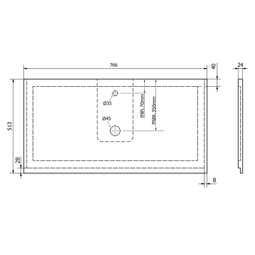 Blat marmur techniczny 76.6 x 51,3 cm biały mat TREOS TX077-0101 Sapho rysunek