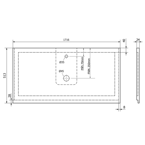 Blat marmur techniczny 171,6 x 51,3 cm biały mat TREOS TX172-0101 Sapho rysunek