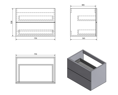 Szafka umywalkowa 75 x 53 x 50,5 cm biały mat bez wycięcia na syfon TREOS TS075-3131 Sapho  rysunek