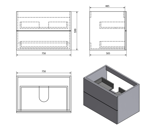 Szafka umywalkowa 75 x 53 x 50,5 cm biały mat z wycięciem na syfon TREOS TS070-3131 Sapho rysunek