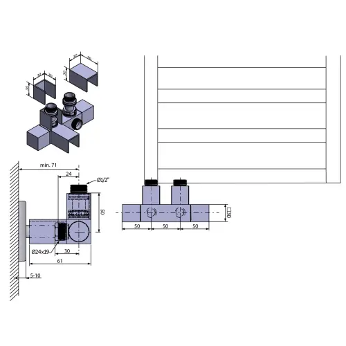 Zestaw przyłączeniowy zespolony rozstaw 50 mm chrom CUBE TWIN CP581S Sapho rysunek